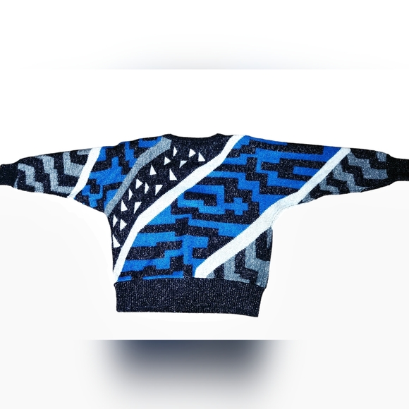 Vintage I.B. Diffusion M Sweater POP Art Geometric Disco Wool Blue Black Silver - Picture 5 of 6